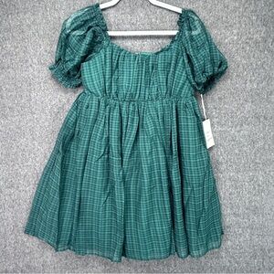 Unique Vintage Dress Womens Large Emerald Plaid Mesh Puff Sleeve Fit & Flare